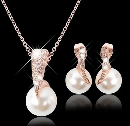 Juego Joyas Collar Aretes Perlas Diamantes D Imitacion Corea
