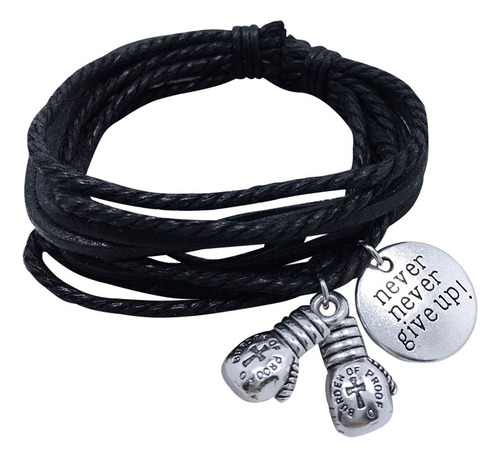 Pulsera Negra De Cuero Multicapa Tejida Con Cordón En Inglés