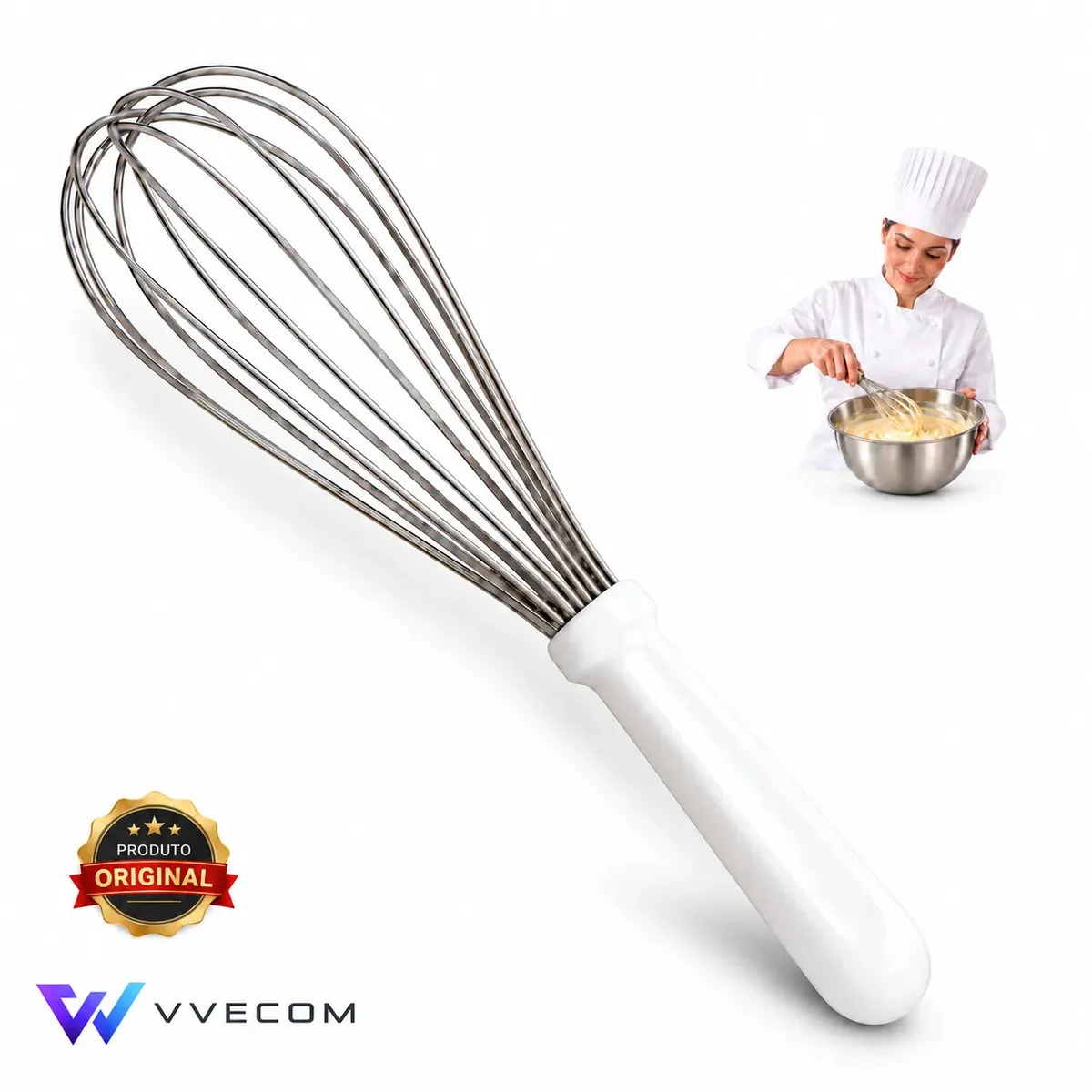 Fuê Fouet VVECOM Batedor Ovos Profissional 30cm Inox Cabo Branco Manual Cozinha Confeitaria Bolos Massas Cremes Chantilly Clara em Neve Misturador Culinário Utensílio para Receitas