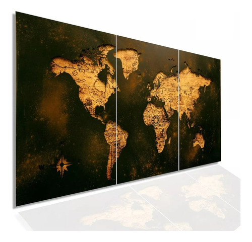 Quadro Decorativo Parede 120x60 Mapa Mundi Antigo Rústico Cor Preto