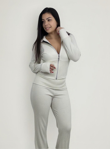 Conjunto Morley Frizado Campera + Pantalón Palazzo Peluche Crema L