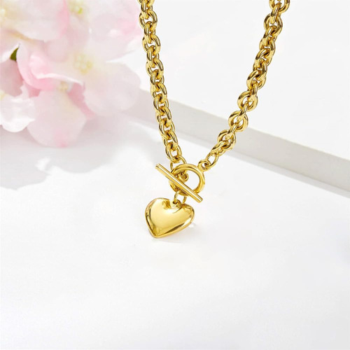Collar De Cadena Cubana Oro Blanco 18k Con Corazón Hipoalerg
