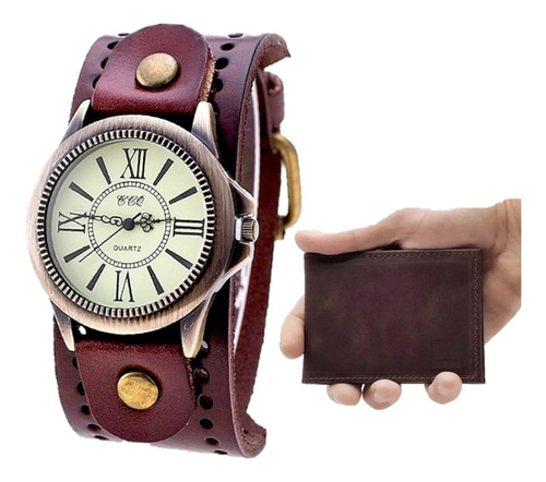 Kit Relógio Masculino Vintage Couro Romano + Carteira Slim