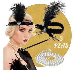 Kit Charleston Accesorios Diadema Pluma Negra Collar Pipa