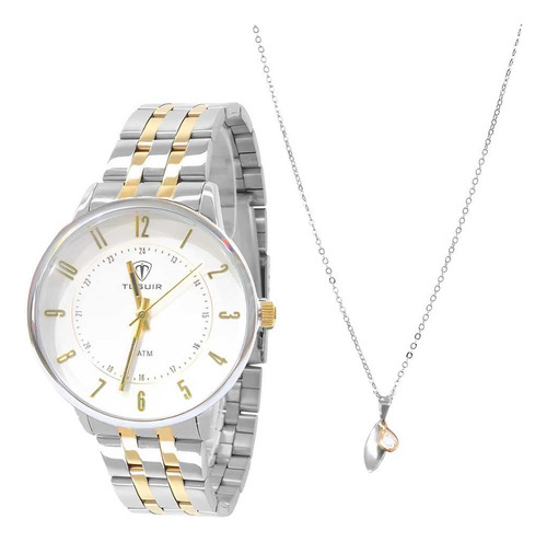Kit Relógio Feminino Tuguir + Colar W2122-tu Tg35060 Prata Fundo Branco