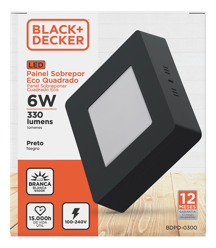 Plafón Led Sobreponer Negro Cuadrado 6w Black+decker Negro Luz Fría X20