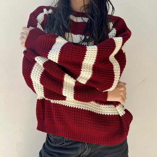 Sweater Rayado Punto Ingles De Lana Hilo De Mujer