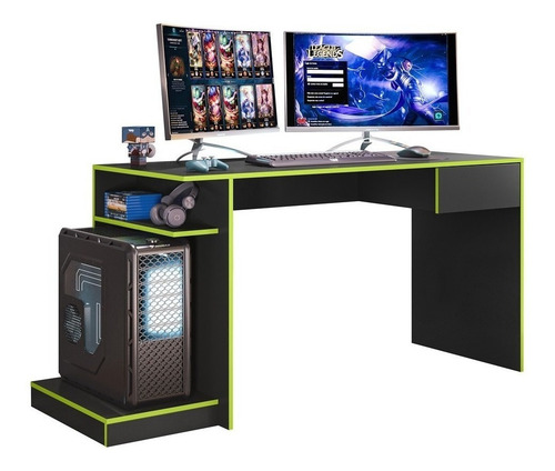 Mesa Computador Setup Gamer Nitro 1 Gaveta Preto Fosco Verde