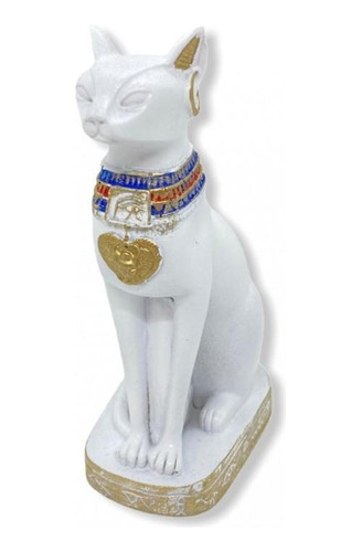 Escultura Egípcia Bastet Cor Branca 9 Cm Em Resina