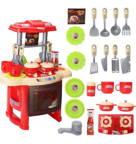 Cocinita Infantil Para Niñas Con Luz Y Sonido 24 Piezas Color Rojo