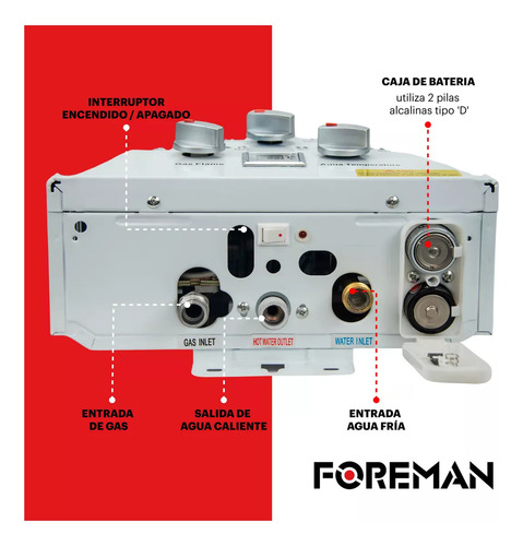 Calentador de agua instantáneo a gas Lp 6l por minuto Foreman blanco