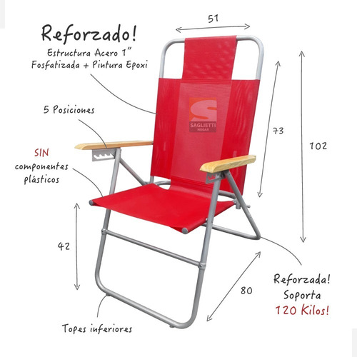 Imagen 5 de 9 de Sillon Reposera 5 Posiciones Reforzada Alta 120 Kg Calidad