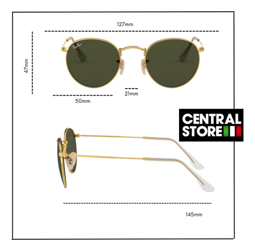 Lentes De Sol Ray Ban Rb3447 Round Metal Green Small 001 Green Polished Gold Polished Gold