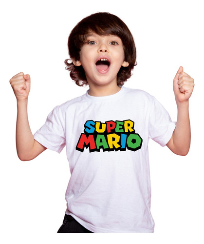 Playera Super Mario Bros Letras Nintendo Niño Y Niña B/n