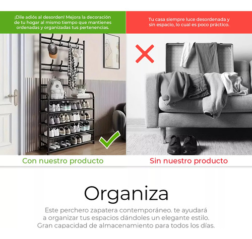 Perchero Zapatera 2 En 1 Organizador Rack Estante Ganchos