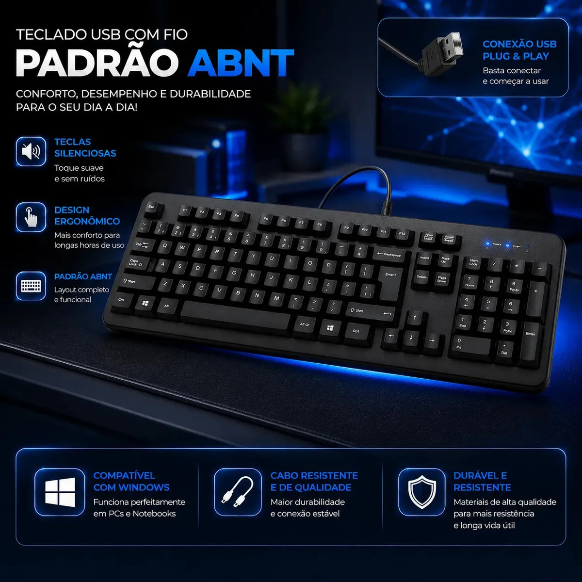 Teclado Usb Com Fio Megalodonte Preto Abnt2 Ergonômico Plug & Play Teclas Silenciosas Toque Suave Layout Qwerty Numérico Completo Para Pc Notebook Computador Trabalho Escritório Ho