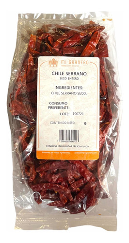 Chile Serrano Seco Entero Sin Cola 100 Gr.