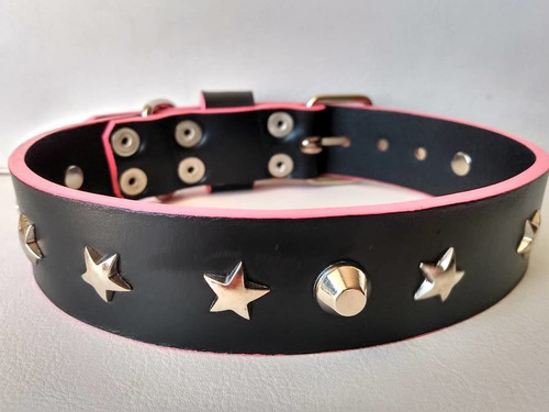 Collar Perro Cuero 100% Genuino Con Estrellas Y Bordes Rosas