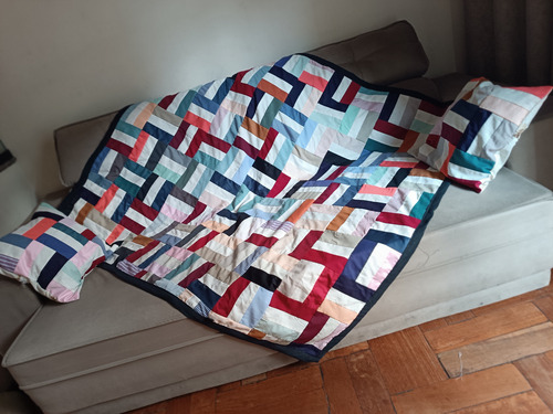 Manta Para Sofá+2 Capas P Almofada De Retalhos Artesanal Colorido Patchwork