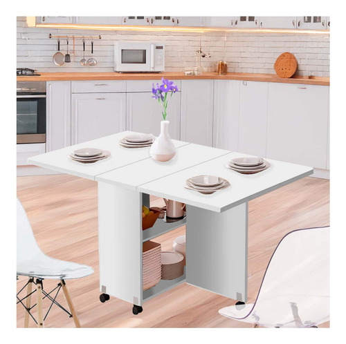 Mesa Comedor Plegable Espacio Almacenamiento Minimalista Color Blanco