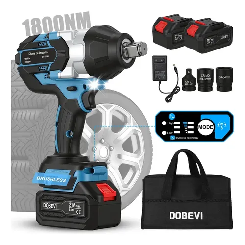 Chave De Impacto 1800nm Sem Escovas 2 Bateria Sem Fio Dobevi Azul