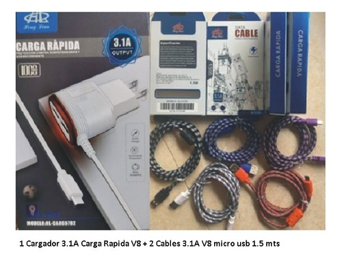 Cargador 3.1 A 5v 2 Usb Carga Rápida + 2 Cables V8 Micro Usb