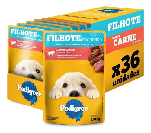 Pack Ração Úmida Pedigree Sachê Carne/ Molho 100g - 36 Und