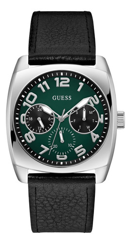 Reloj Guess Hombre Xander Color Negro Bisel Plateado Fondo Verde Oscuro