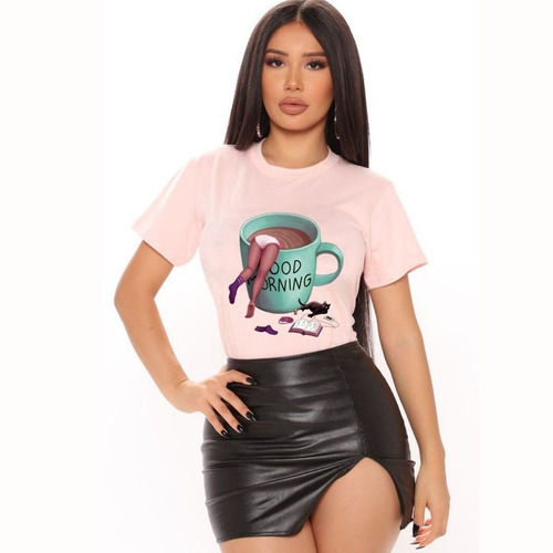 Polera Dama Estampada 100%algodon Diseño Buenos Dias Café