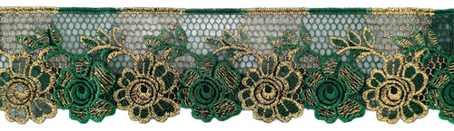 Tira Bordada En Organza 10cm X 9mts Mod 1361 Varios Colores Verde Bandera Con Dorado