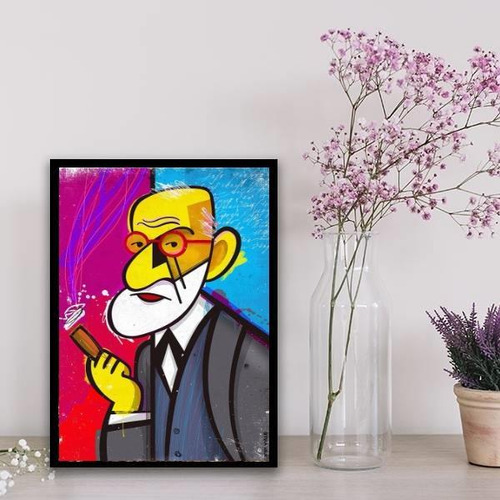Quadro Decorativo Caricatura Freud 33x24cm - Com Vidro Preto