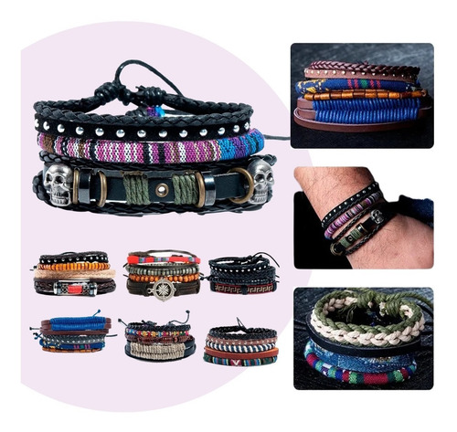 Pulsera Cuero Tejido Boho Vintage Multicapa Caballero Color