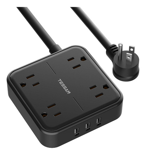 Tira De Enchufe Plana Con 3 Puertos Usb, 4 Salidas De C...