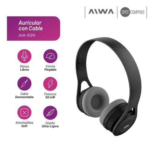 Imagen 4 de 10 de Auriculares Aiwa Vincha Plegable Ava-102b Manos Libres