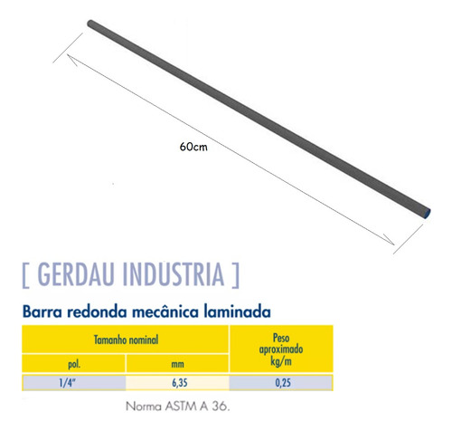 Barra Redonda Ferro Gerdau Astm A36 1/4 - 6,35mm X 60cm 8un