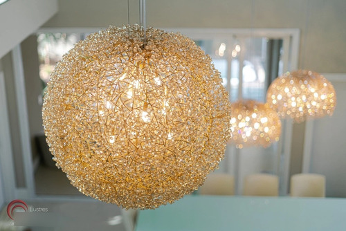 Luminárias Esféricas Cristal 2x Dourada Pé Direito Duplo