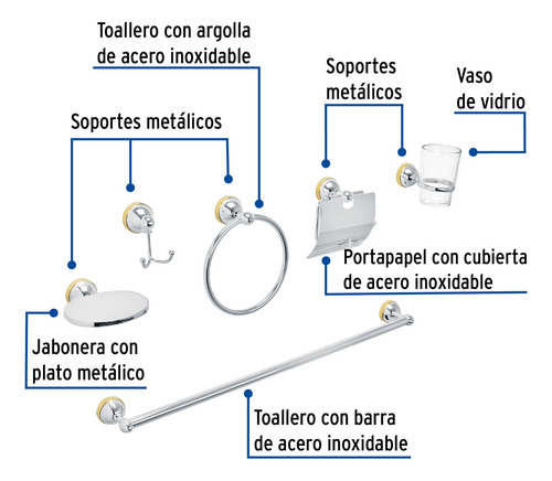 Juego 6 Acc P/baño Cromo-oro Chapeton Redondo Ch Foset 48343