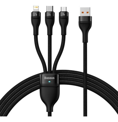 Cable De Carga 3 En 1 Micro Usb + Lightning + Usb C 66w Color Negro