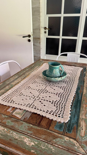 Camino De Mesa Carpeta Rustica Flores Tejida Crochet Crudo Flores