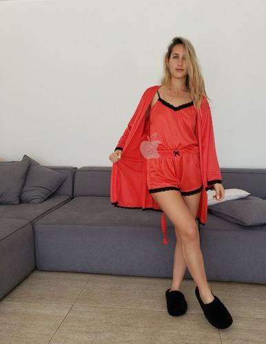 Imagen 2 de 9 de Combo Mujer Pijama + Bata Verano Acetato Puntilla Sheli 2138