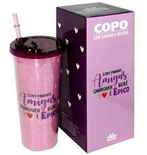 Copo Canudo E Glitter Rosa Amigas 650 Ml Zona Criativa