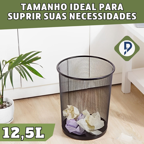 Imagem 3 de 8 de Lixeira Telada De Metal 12,5 Litros Preta Escritório Sala