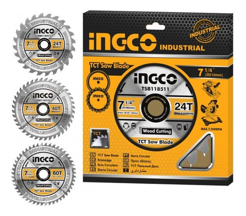 Set 3 Discos Cortes 7 1/4 24/40/60t Para Circular Ingco 