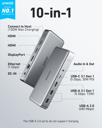 Estación De Acoplamiento Usb C Anker 10 En 1 Con Hdmi/displa