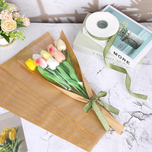 50 Bolsas De Embalaje De Flores Con Cinta, Papel Kraft Flo