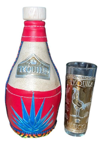 Botella Licorera Forrada 400ml Roja Con 1 Tequilero 60ml Agua