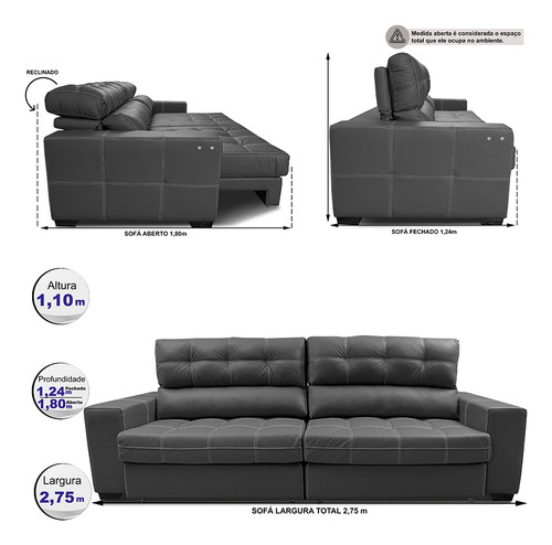 Cama inBox Gran Majesty Cinza Sofá de Couro Elétrico Retrátil 2,75m Molas Ensacadas