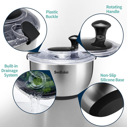 Centrifugadora Ensalada Acero Inox 4l Manivela Segura Plateado