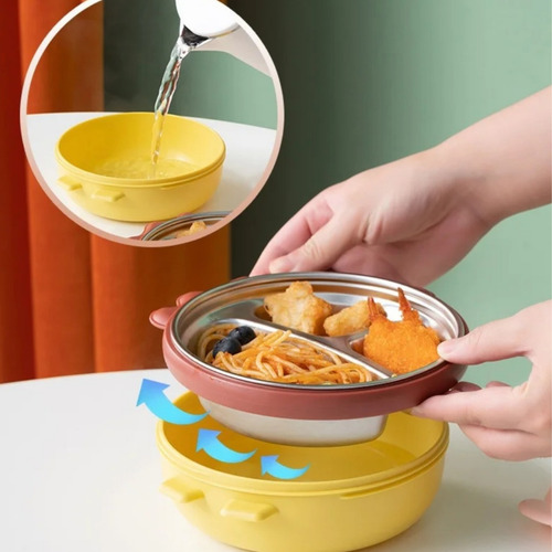 Plato Infantil Bebé Con Sopapa Y Tapa Térmico Antideslizante Rosa Dino