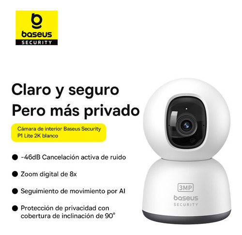 Cámara de seguridad para interiores 3MP WiFi Baseus P1 Lite Detección de movimiento y notificaciones Alarma de Luz y Sonido Audio bidireccional Control por Voz compatible con Google y Alexa